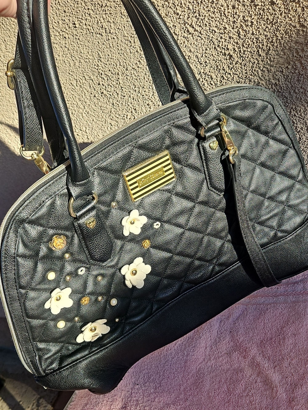 Betsey Johnson Black Quilted Satchel with White Floral Appliqués